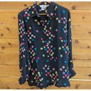 Vintage Silk Geometric Button Up Blouse Black Women's XL Long Sleeve Top 80s 90s